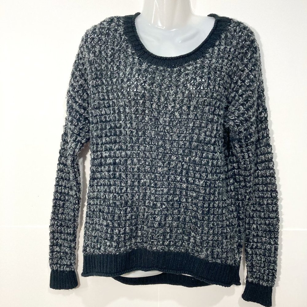 Lucky Brand Wool Blend Chunky Knit Sweater Black Ribbed Crew neck High Low hem S